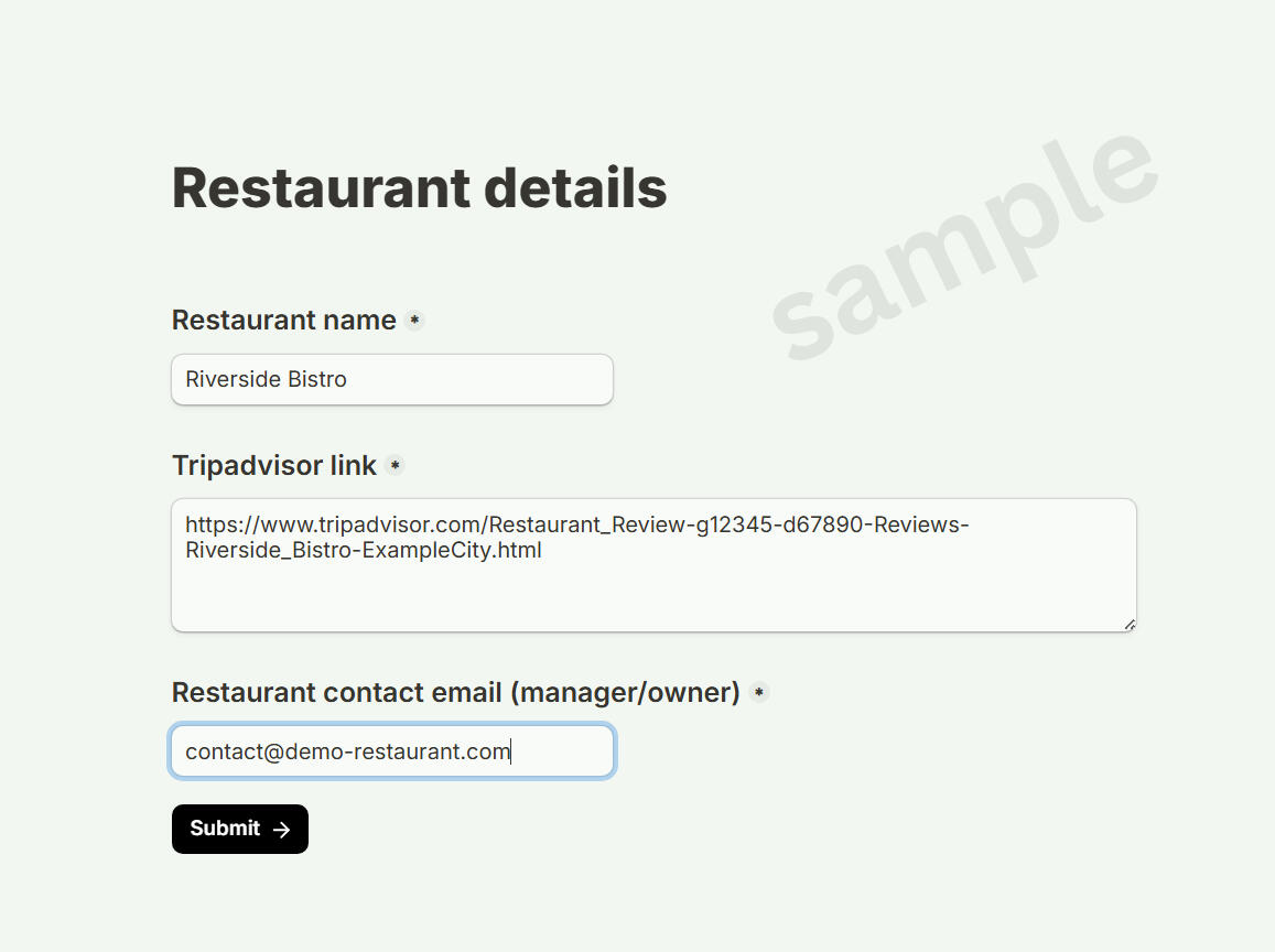 Restaurant Setup Form for StarsRate Restaurant Setup Form for StarsRate