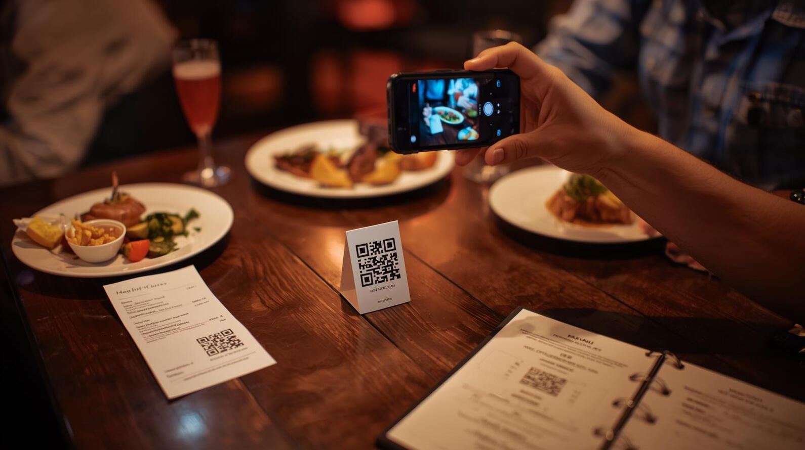 Restaurant QR Code Placement Options A restaurant scene showing QR codes printed on a receipt, a menu, and a table tent, with a guest scanning one using a smartphone.